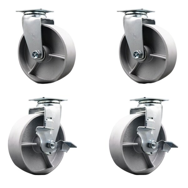 Service Caster 6 Inch Semi Steel Cast Iron Swivel Caster Set with Roller Bearings 2 Brakes SCC-20S620-SSR-2-TLB-2 - main